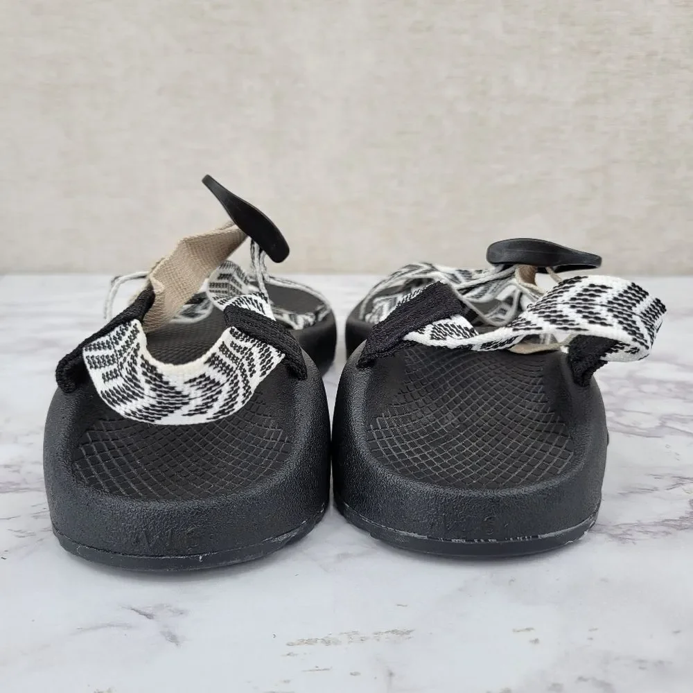 Chaco Women's Black Sandals with White Chevron Straps and Tan Accent